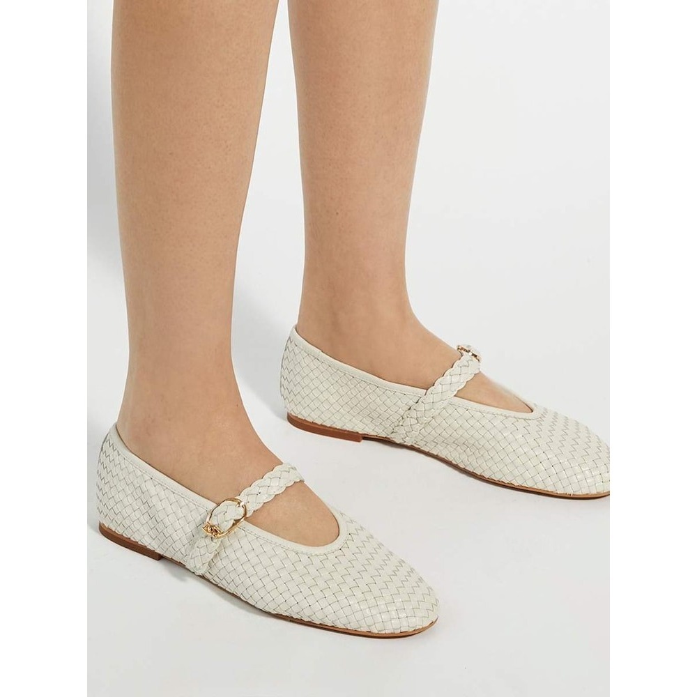 House of Harlow 1960 Cream Bistro Woven Mary Jane Flats Gold Buckle 8.5